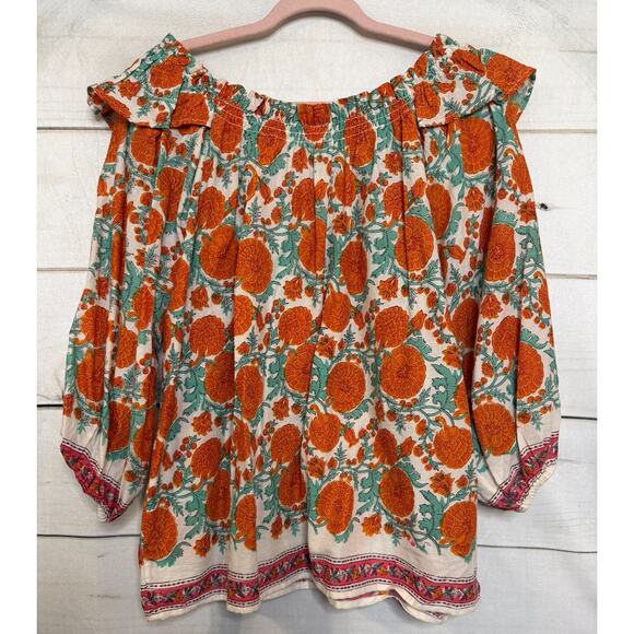Ivy Jane Off the Shoulder Top S/M Green White Orange Bohoemian Rouched - Picture 2 of 7